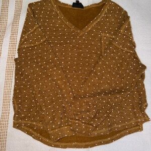 Elegant Mustard Polka Dot V-Neck Long Sleeve Top